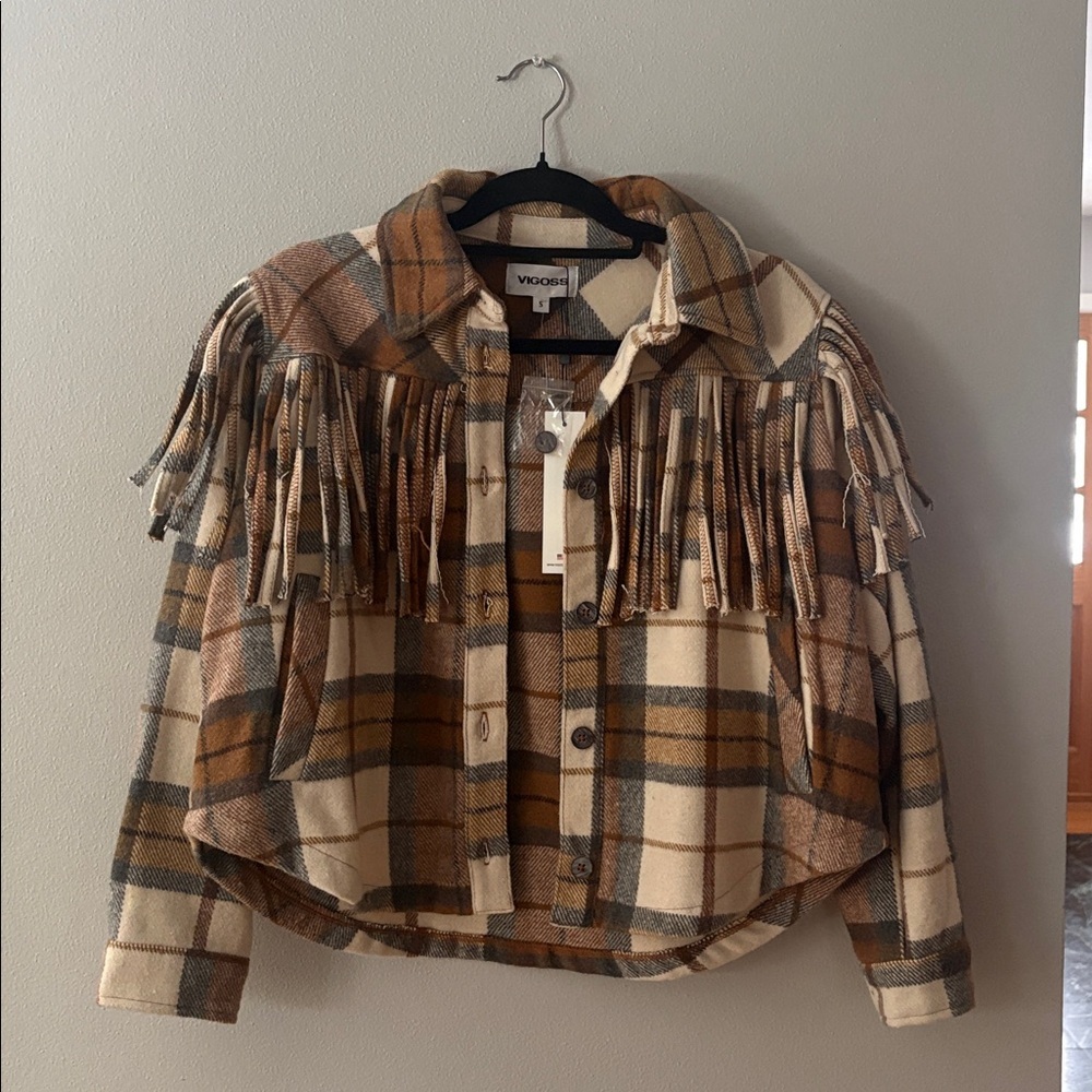 Vigoss Jacket Womens Large Brown Plaid Flannel Fringe Trim Western Boho Festival